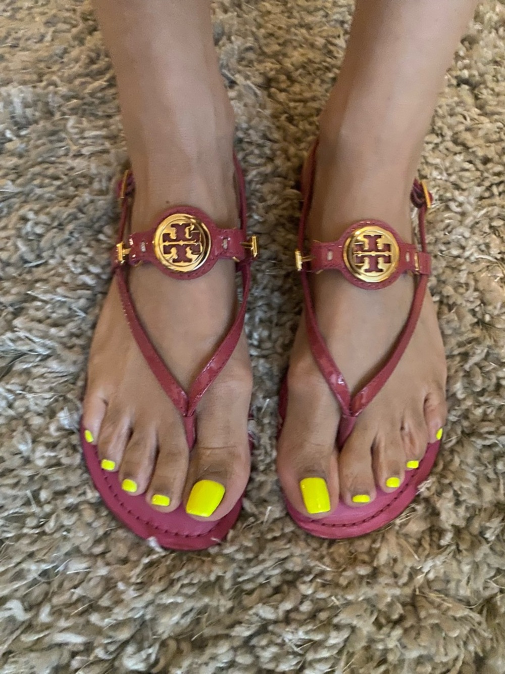 Tory Burch Hot Pink Miller Logo Slingback Sandals with Gold Medallions - Picture 6 of 9